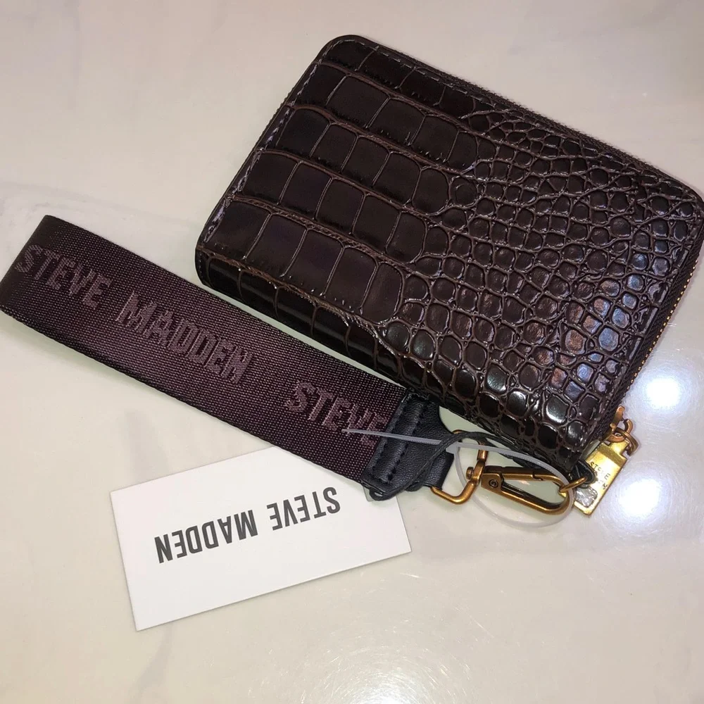 Steve Madden BJESS Brown Multi Faux Leather Croc Embossed ZA Wallet + Strap NWT